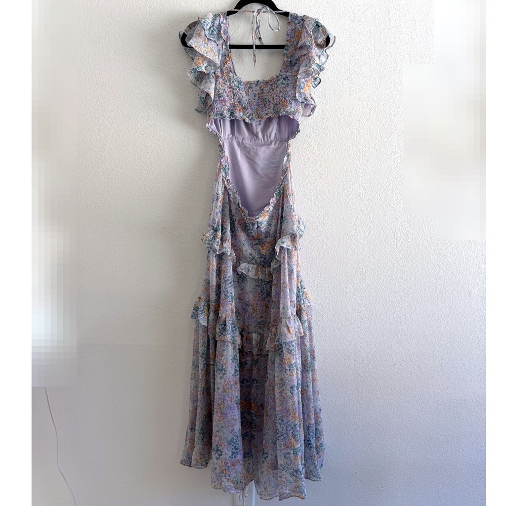 ASTR The Label Mable Floral Tiered Cutout Chiffon Maxi Dress Lavender Small - Picture 5 of 9
